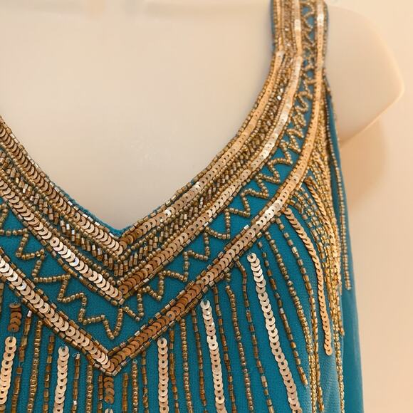 Cache NWT Aqua With Gold Beaded Sequin Chiffon Cocktail Dress Size 10 - Picture 8 of 15